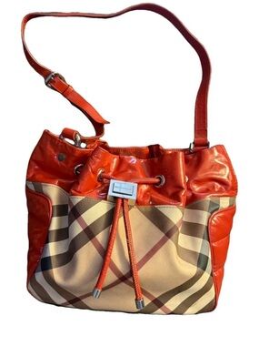 Burberry Orange and Beige Plaid Drawstring Shoulder Bag